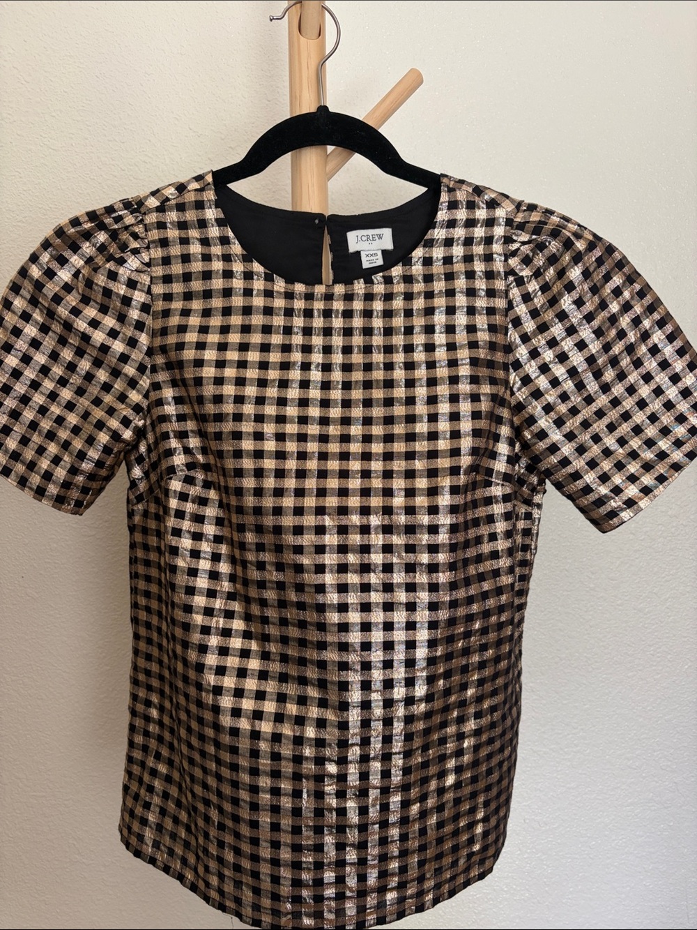 J. Crew Black and Gold Gingham Puff-Sleeve Top